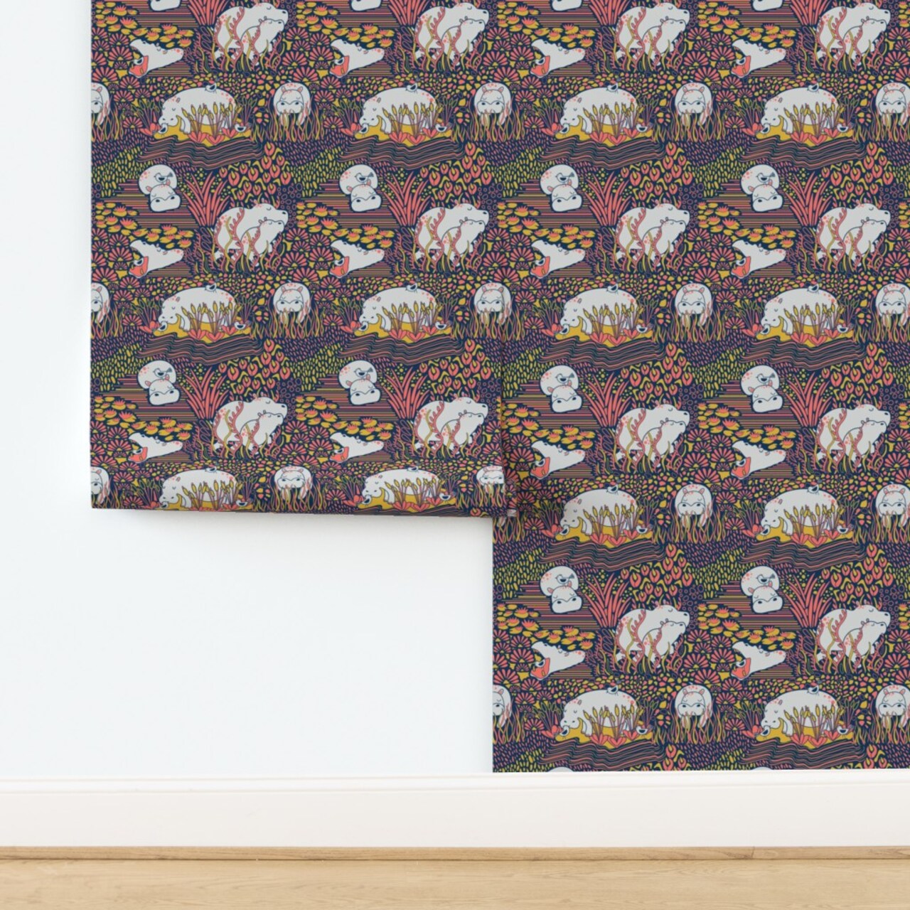 Hippo Hippopotamus Botanical African Bird Lily Pad Lotus Water Baby Animal Animal Navy Mustard Seaweed Coral Limited Color Palette Custom Pre-pasted Wallpaper by Spoonflower Pre-Pasted Wallpaper 2FT Wide